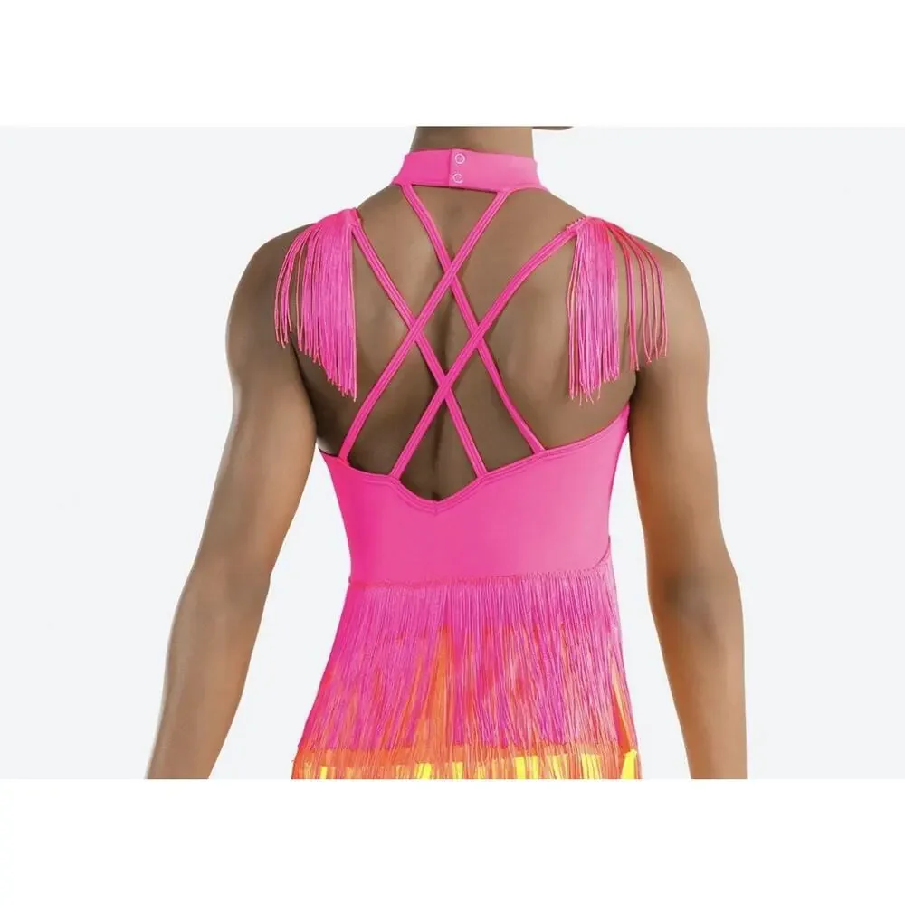 Revolution RC24609 What Is Love Size LC Girls Large Dance Leotard Fringe Neon